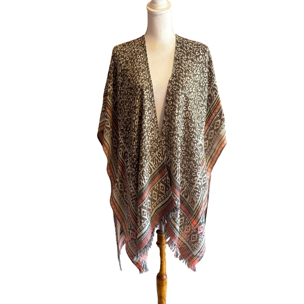 Do Everything in Love Leopard Print Kimono Wrap Fringe Trim Brown One Size